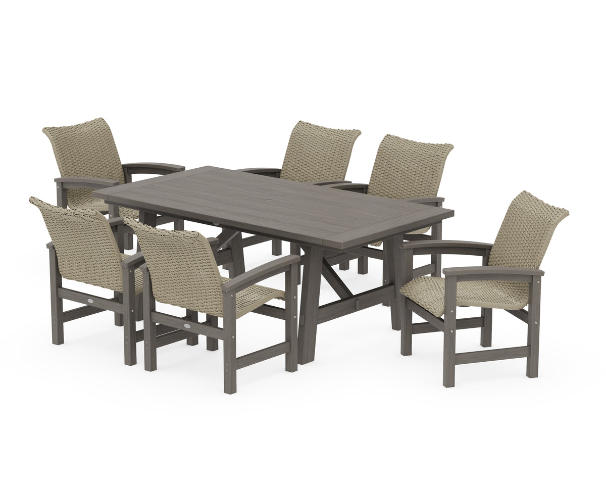 POLYWOOD Coastal Woven Arm Chair 7-Piece Rustic Farmhouse Dining Set in Driftwood / Dune Grass
