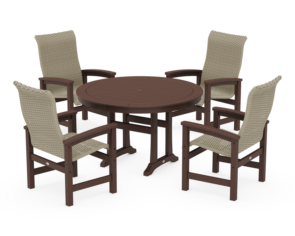 POLYWOOD Coastal Woven High-Back 5-Piece Round Dining Set with Trestle Legs in Mahogany / Dune Grass
