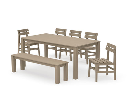 POLYWOOD Modern Studio Plaza Chair 7-Piece Parsons Dining Set with Bench in Vintage Sahara