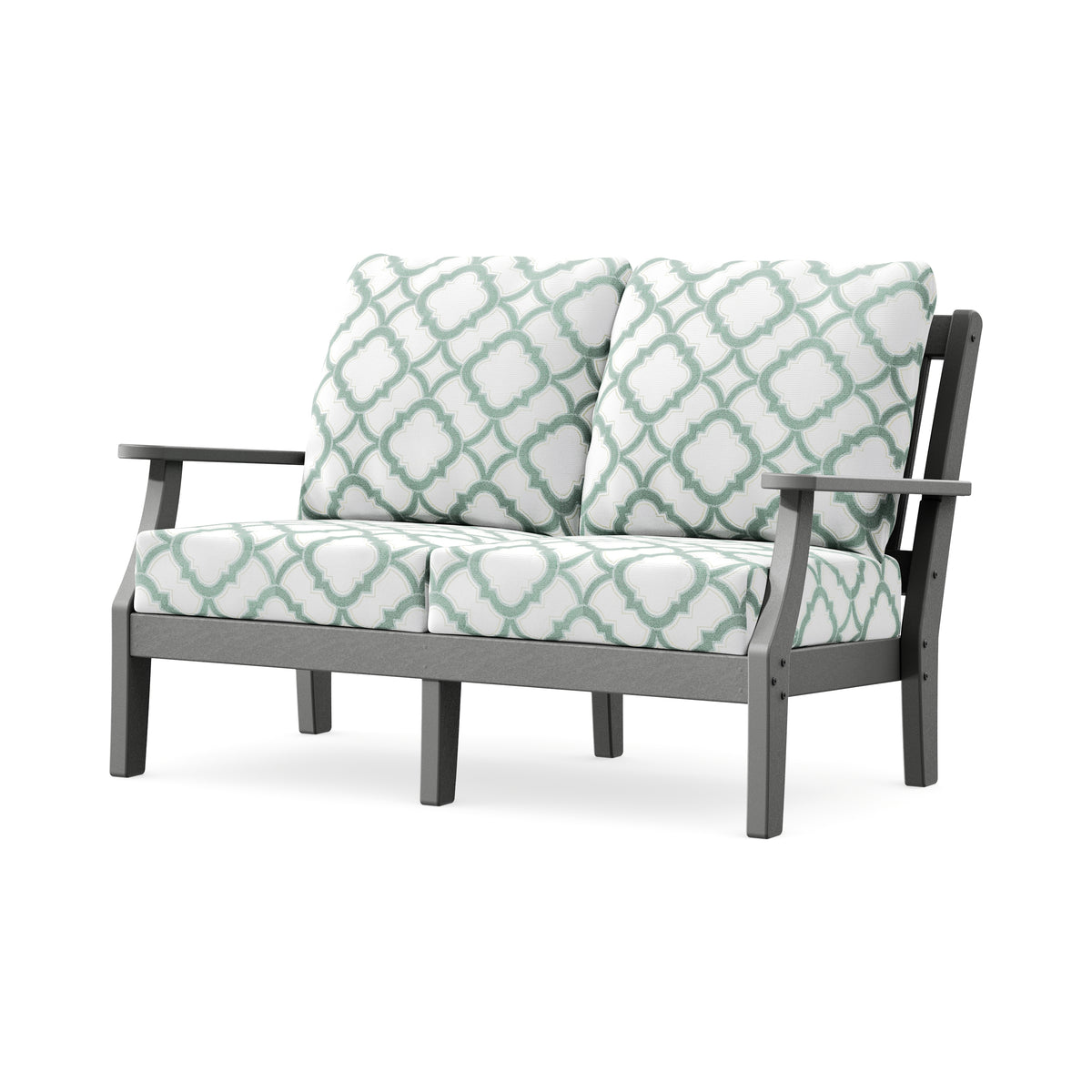 POLYWOOD Chinoiserie Deep Seating Loveseat in Slate Grey / Trellis Glacier Spa
