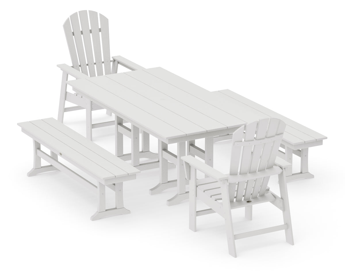 POLYWOOD South Beach 5-Piece Farmhouse Dining Set with Benches in Vintage White
