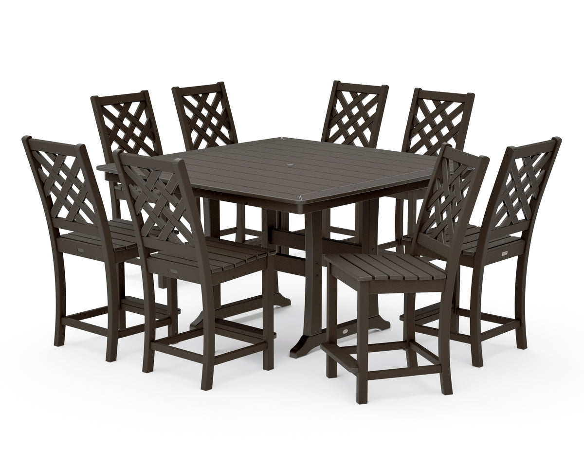 POLYWOOD Country Living Wovendale Side Chair 9-Piece Square Counter Set with Trestle Legs in Vintage Coffee