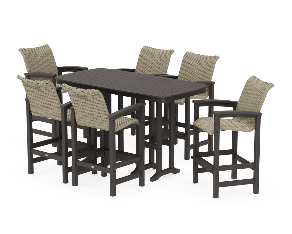 POLYWOOD Coastal Woven Arm Chair 7-Piece Bar Set in Vintage Coffee / Dune Grass