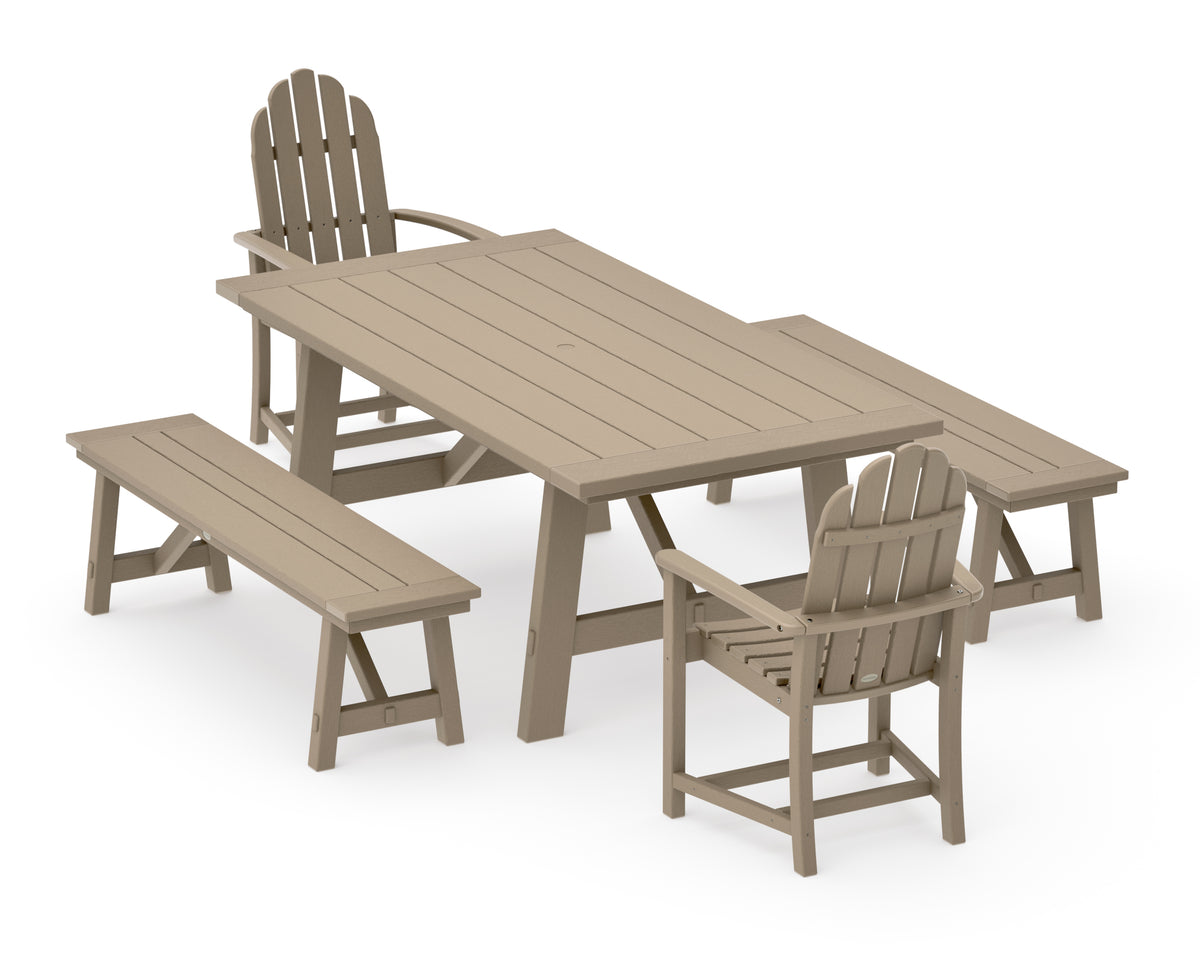 POLYWOOD Classic Adirondack 5-Piece Rustic Farmhouse Dining Set with Benches in Vintage Sahara