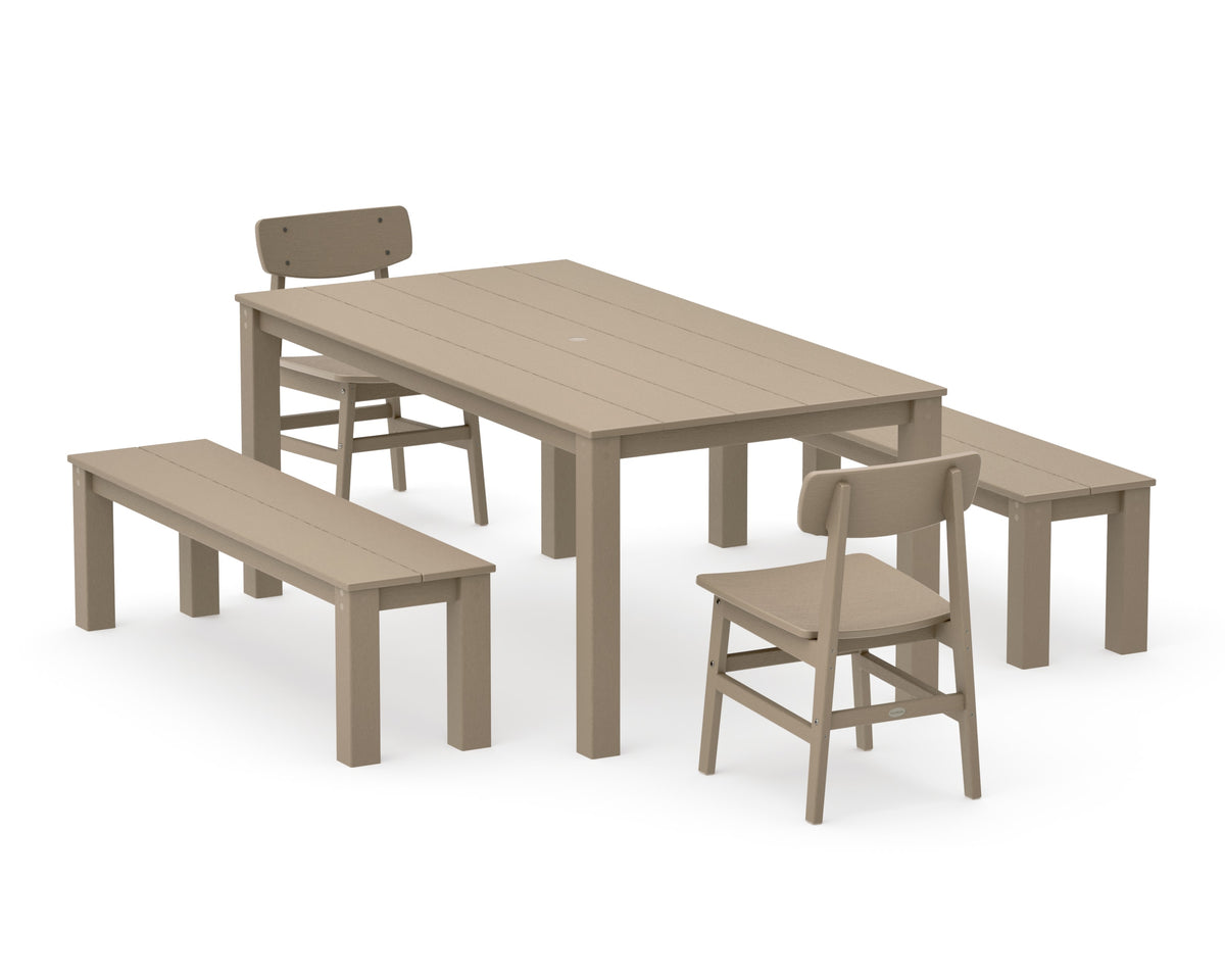 POLYWOOD Modern Studio Urban Chair 5-Piece Parsons Dining Set with Benches - 38" x 72" Table in Vintage Sahara