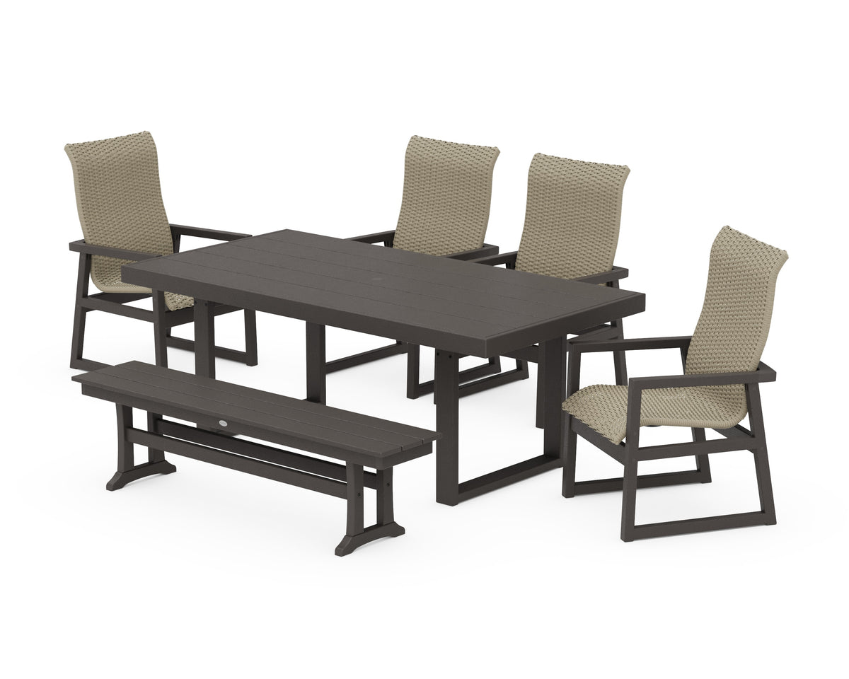 POLYWOOD EDGE Woven High-Back 6-Piece Dining Set with Bench in Vintage Coffee / Dune Grass