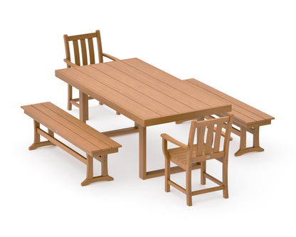 POLYWOOD Traditional Garden 5-Piece Dining Set with Benches - 39" x 78" Table in Natural