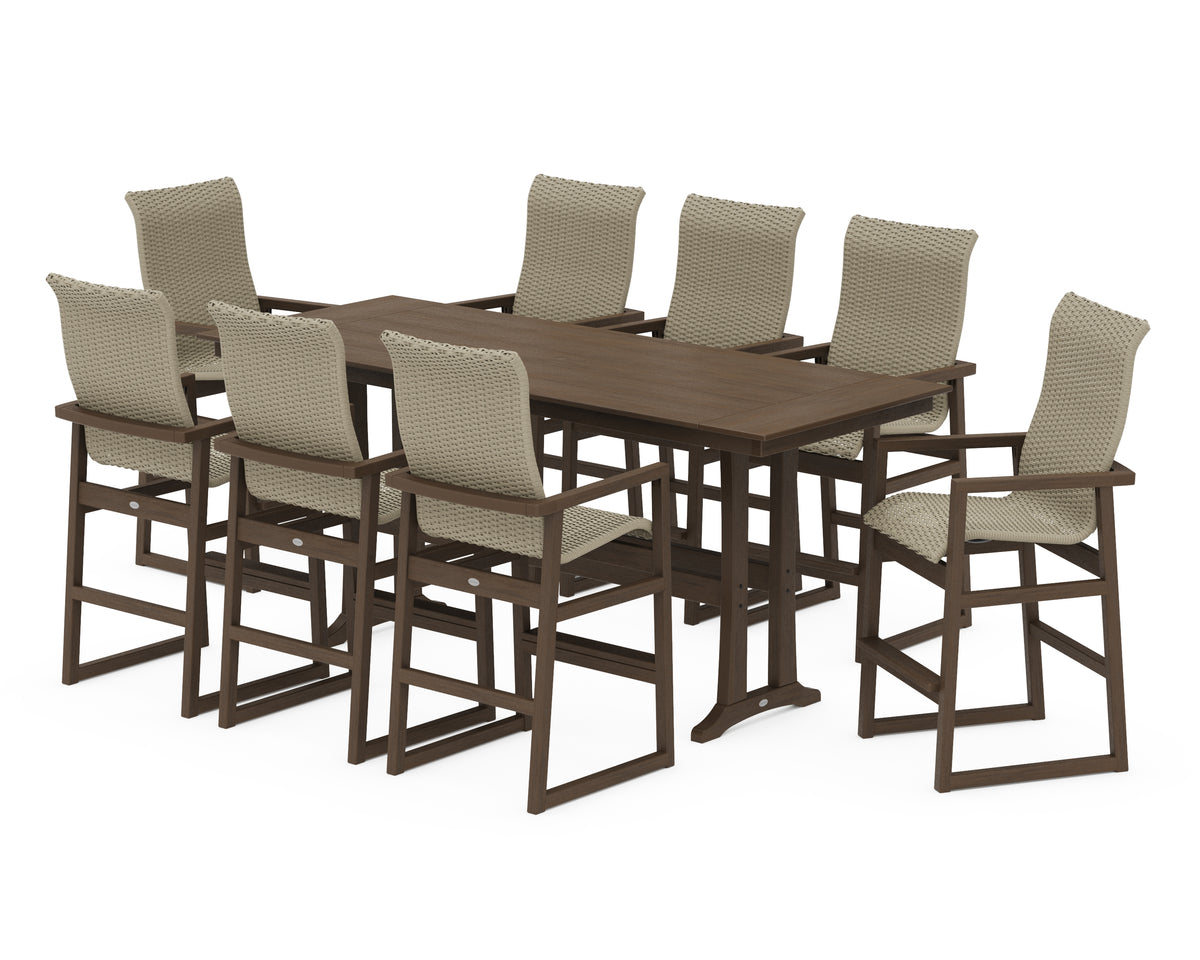 POLYWOOD EDGE Woven Highback 9-Piece Farmhouse Bar Set with Trestle Legs in Kona / Dune Grass
