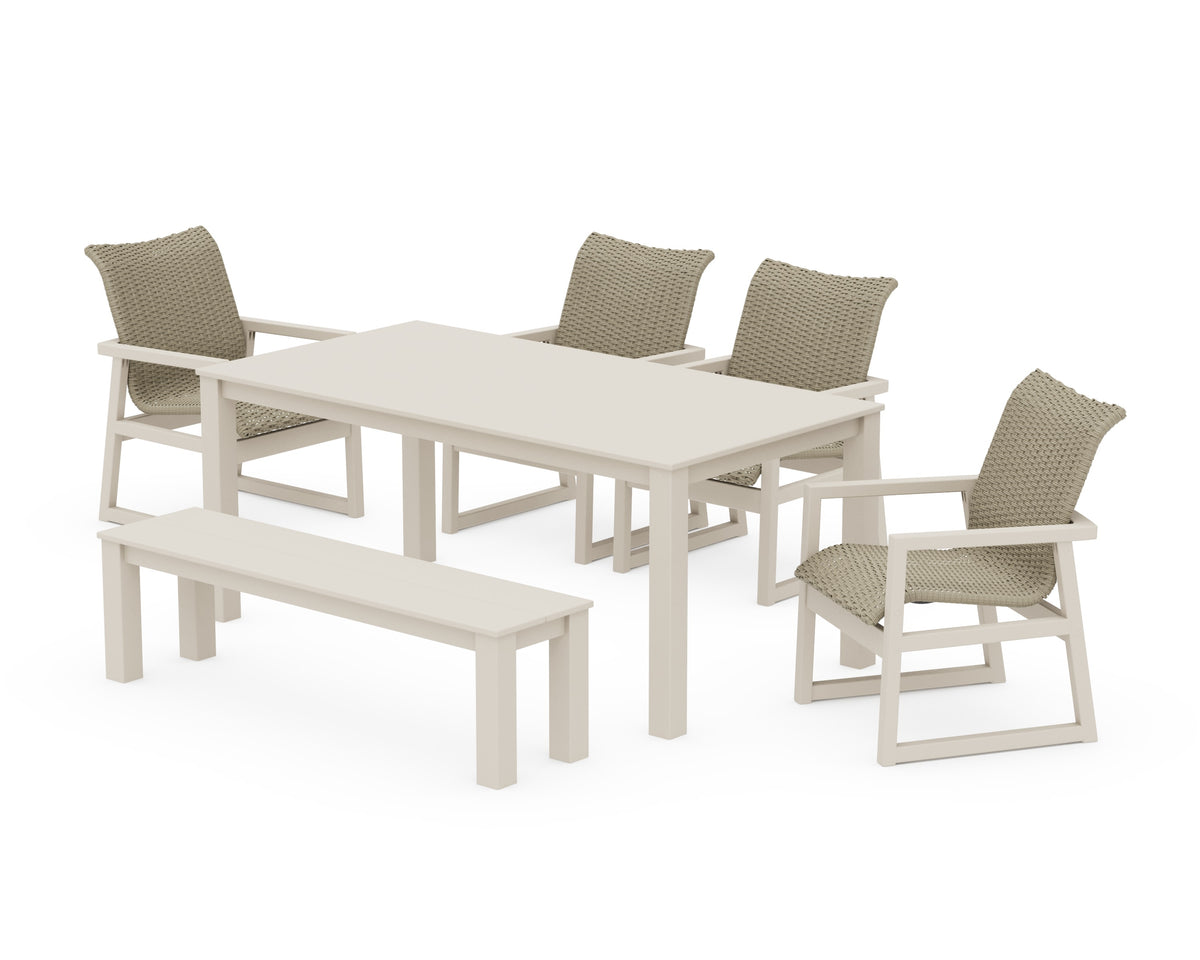 POLYWOOD EDGE Woven 6-Piece Parsons Dining Set with Bench in Sand / Dune Grass