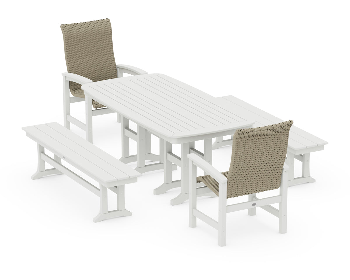 POLYWOOD Coastal Woven High-Back 5-Piece Dining Set with Benches in Vintage White / Dune Grass