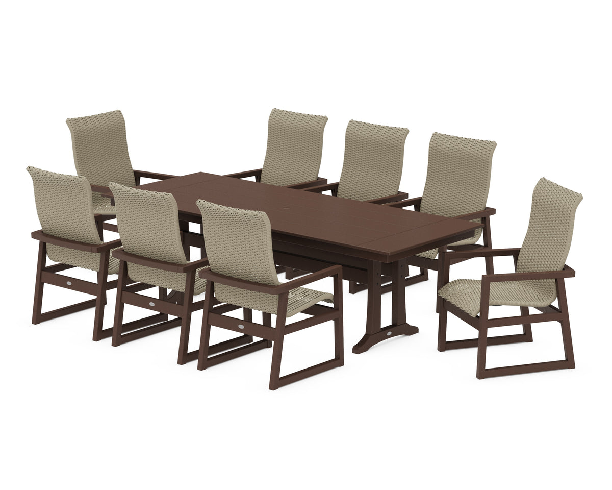 POLYWOOD EDGE Woven High-Back 9-Piece Farmhouse Dining Set with Trestle Legs in Mahogany / Dune Grass
