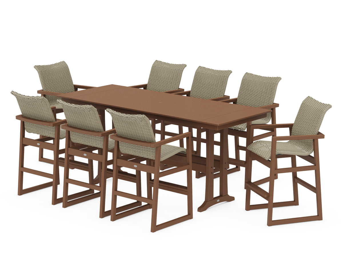 POLYWOOD EDGE Woven 9-Piece Farmhouse Bar Set with Trestle Legs in Teak / Dune Grass