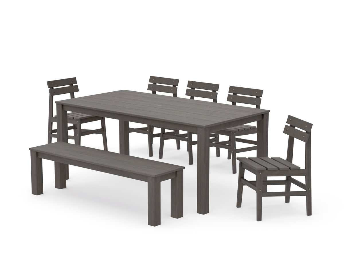 POLYWOOD Modern Studio Plaza Chair 7-Piece Parsons Dining Set with Bench in Driftwood