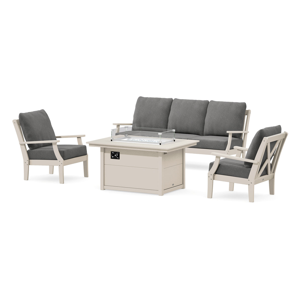 POLYWOOD Braxton Deep Seating Fire Pit Table Set in Sand