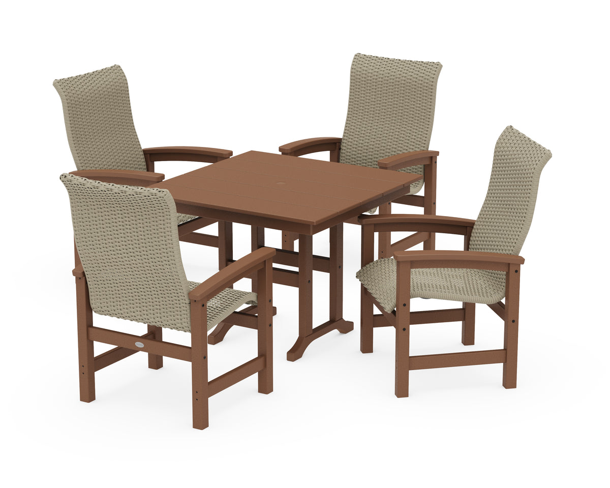 POLYWOOD Coastal Woven High-Back 5-Piece Farmhouse Dining Set in Teak / Dune Grass