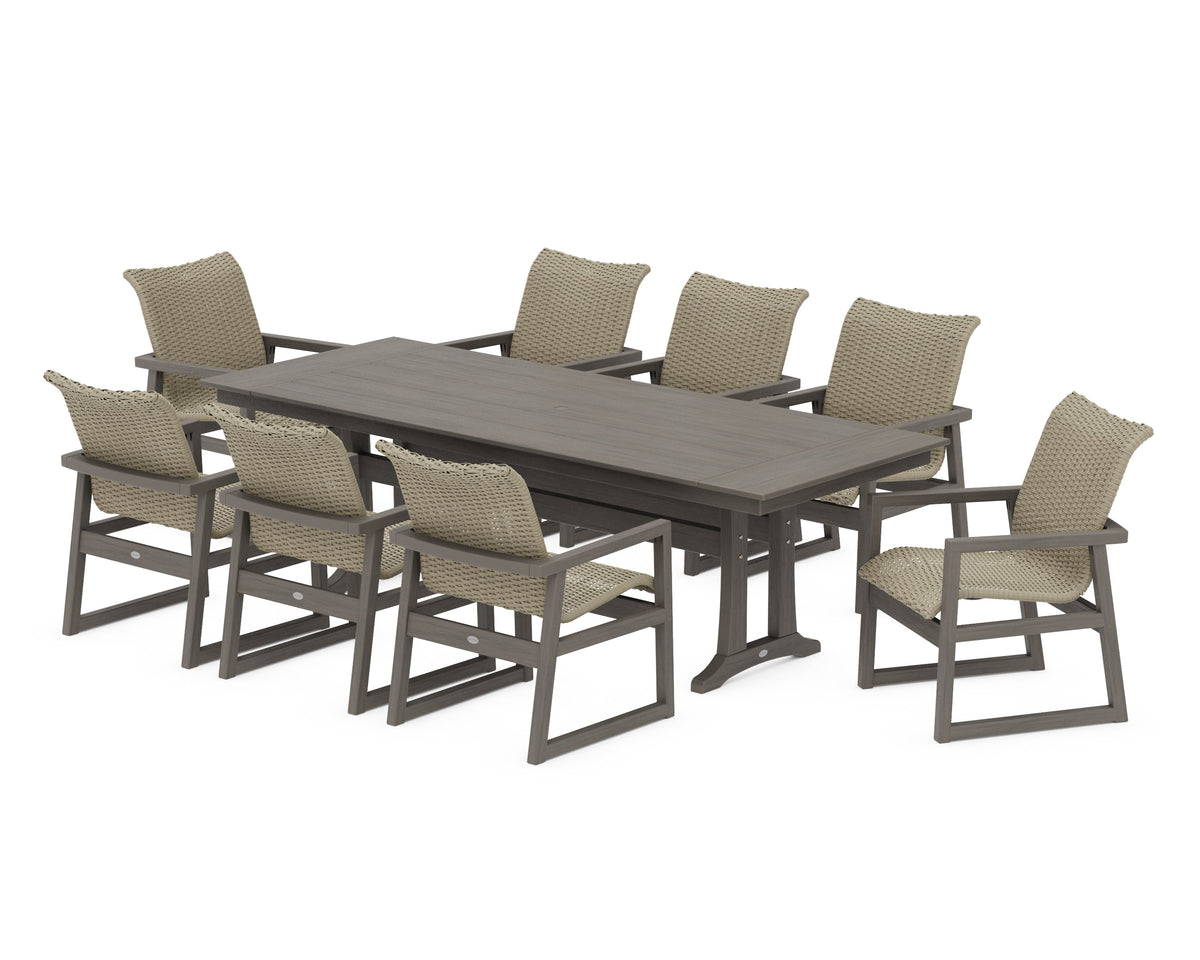 POLYWOOD EDGE Woven 9-Piece Farmhouse Dining Set with Trestle Legs in Driftwood / Dune Grass