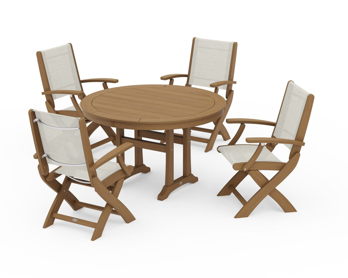 POLYWOOD Coastal Folding Chair 5-Piece Round Dining Set with Trestle Legs in Natural / Parchment