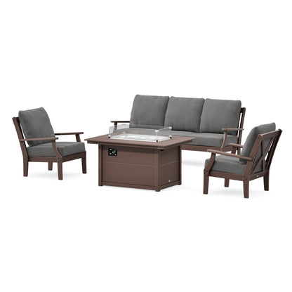 POLYWOOD Braxton Deep Seating Fire Pit Table Set in Mahogany