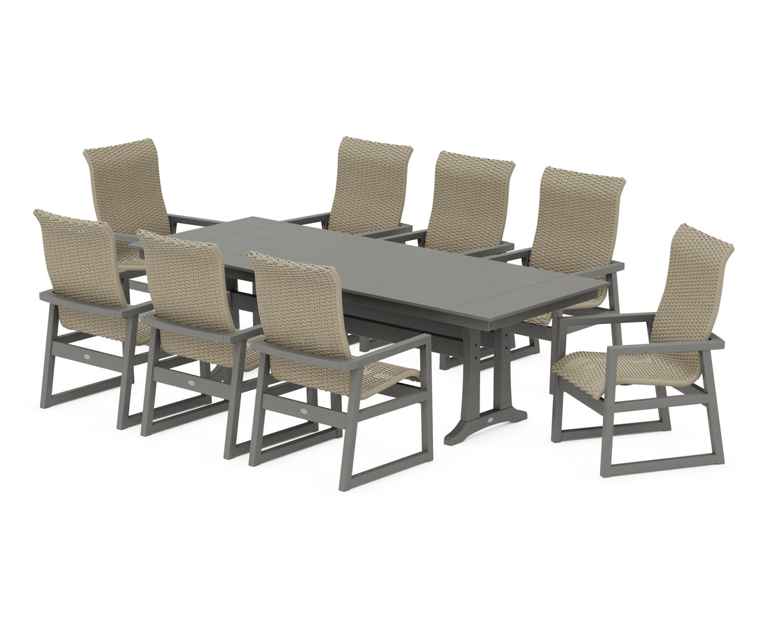 POLYWOOD EDGE Woven High-Back 9-Piece Farmhouse Dining Set with Trestle Legs in Slate Grey / Dune Grass