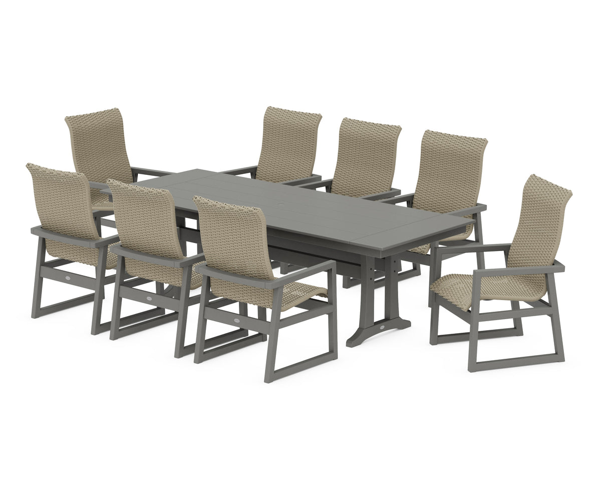 POLYWOOD EDGE Woven High-Back 9-Piece Farmhouse Dining Set with Trestle Legs in Slate Grey / Dune Grass