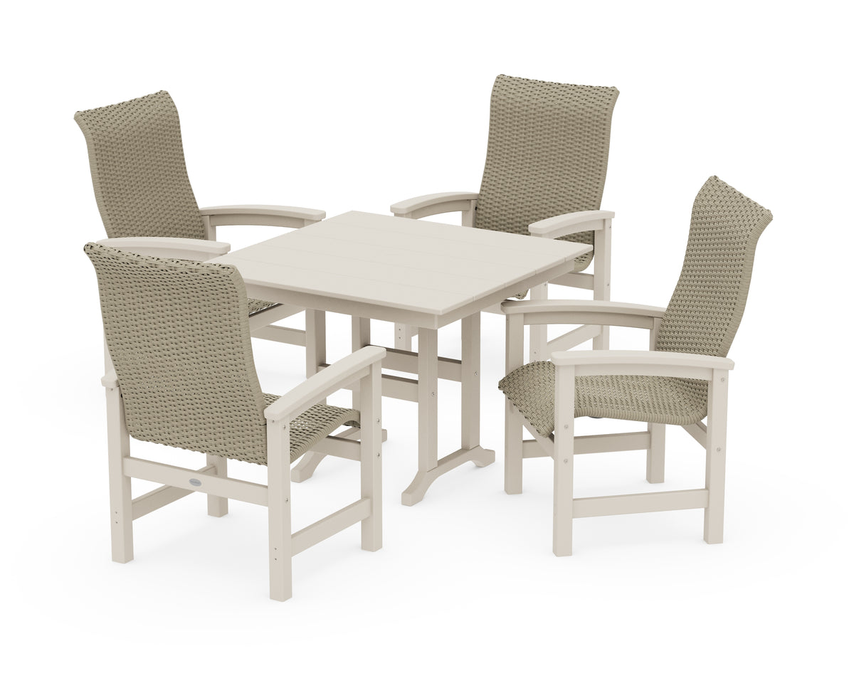 POLYWOOD Coastal Woven High-Back 5-Piece Farmhouse Dining Set in Sand / Dune Grass