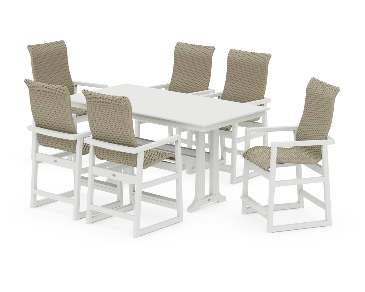 POLYWOOD EDGE Woven Highback Arm Chair 7-Piece Farmhouse Counter Set with Trestle Legs in Vintage White / Dune Grass