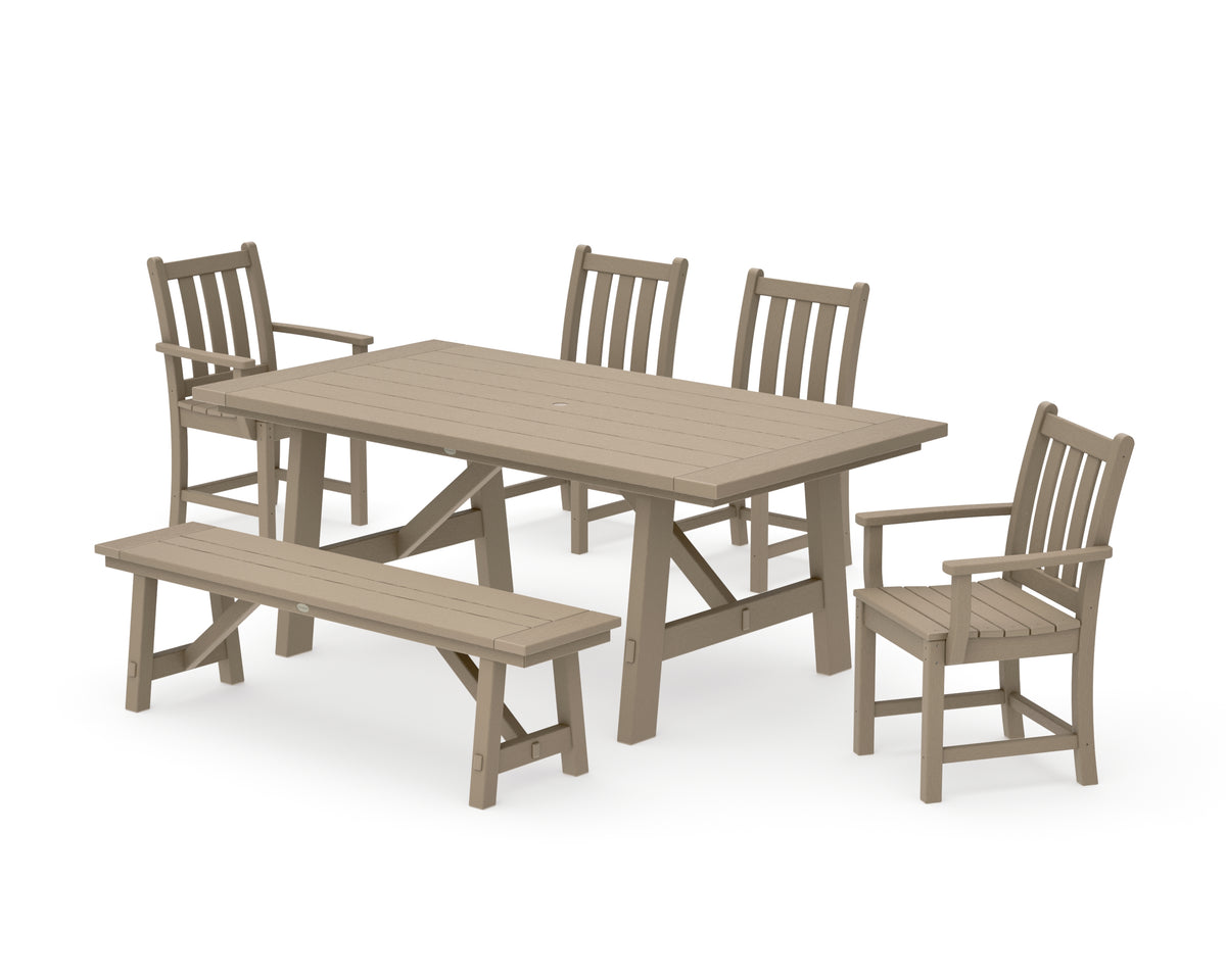 POLYWOOD Traditional Garden 6-Piece Rustic Farmhouse Dining Set with Bench in Vintage Sahara
