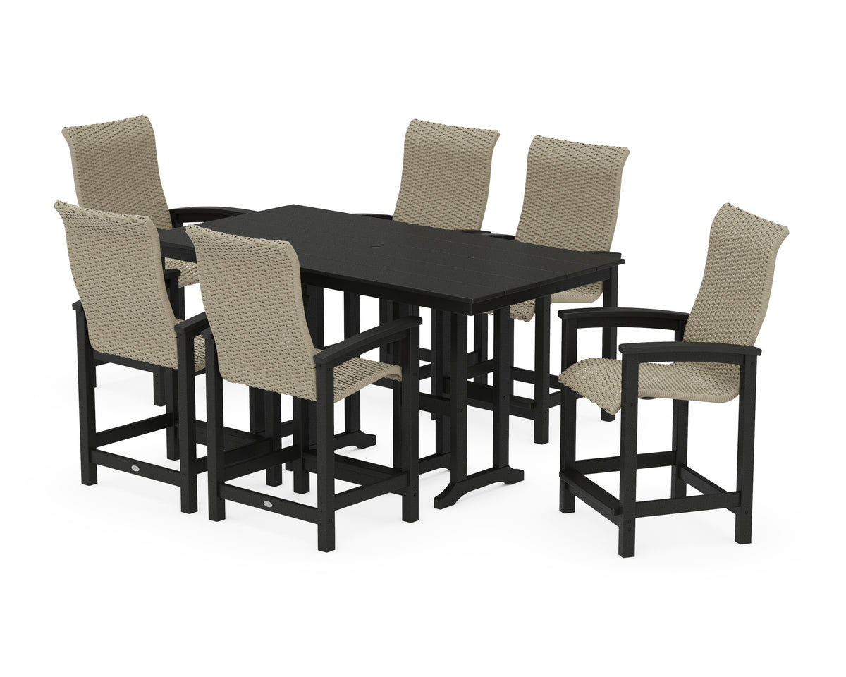 POLYWOOD Coastal Woven High-Back Arm Chair 7-Piece Farmhouse Counter Set in Black / Dune Grass