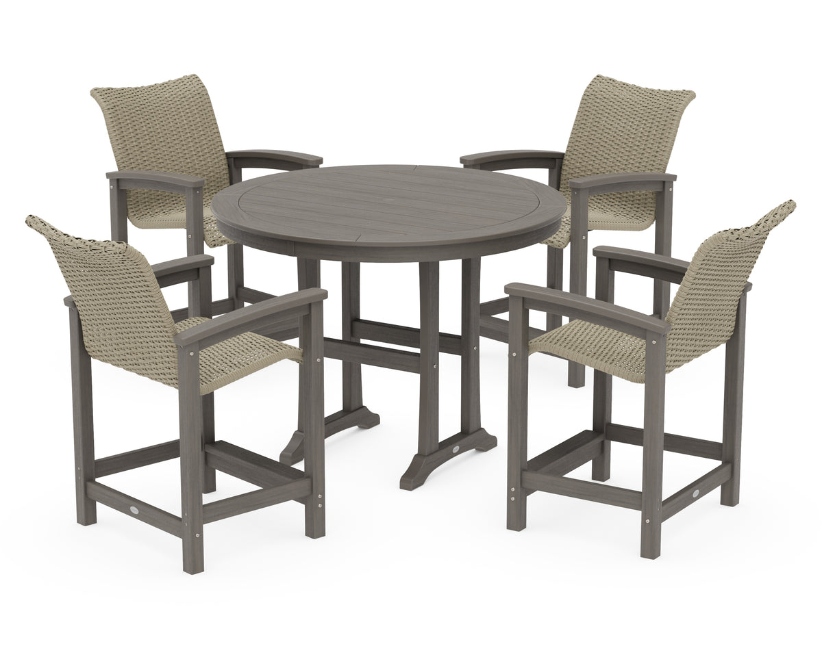 POLYWOOD Coastal Woven 5-Piece Round Counter Set in Driftwood / Dune Grass