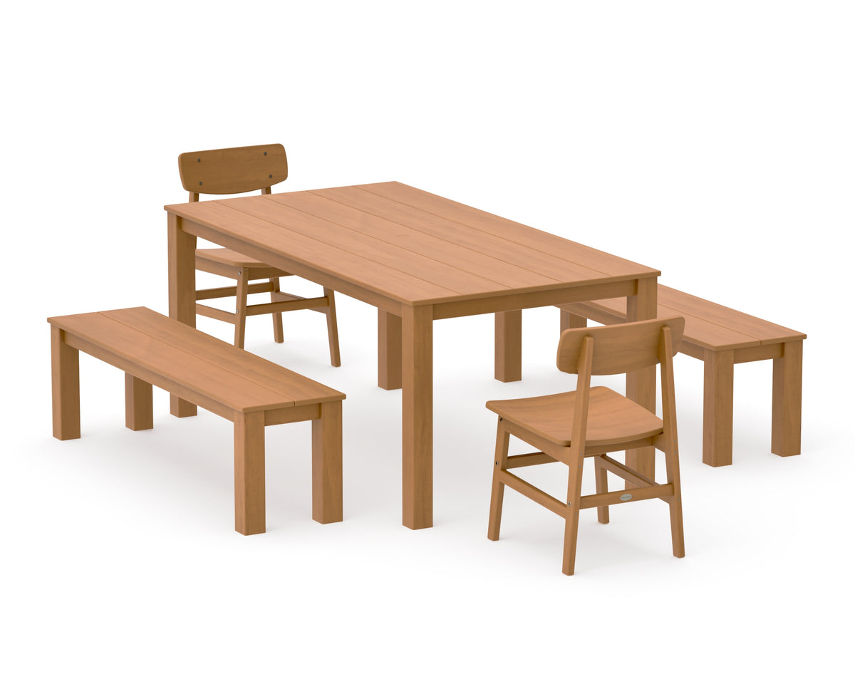 POLYWOOD Modern Studio Urban Chair 5-Piece Parsons Dining Set with Benches - 38" x 72" Table in Natural