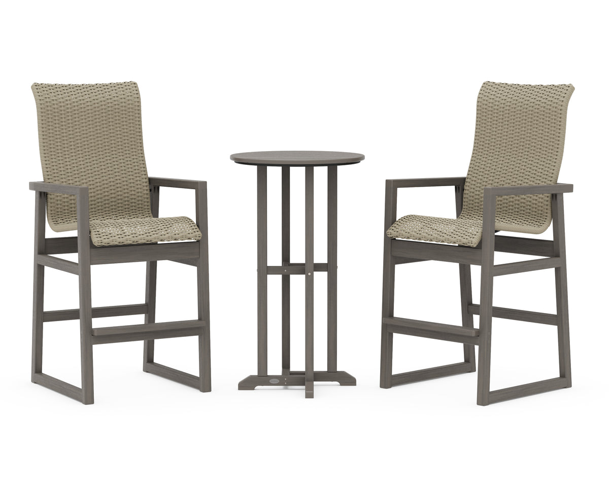 POLYWOOD EDGE Woven Highback 3-Piece Farmhouse Bar Set in Driftwood / Dune Grass