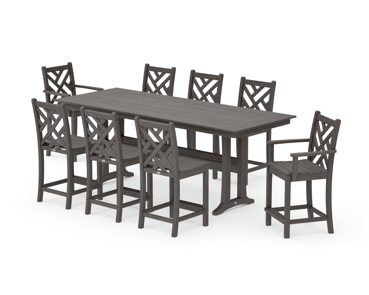 POLYWOOD Chippendale 9-Piece Farmhouse Counter Set with Trestle Legs in Driftwood