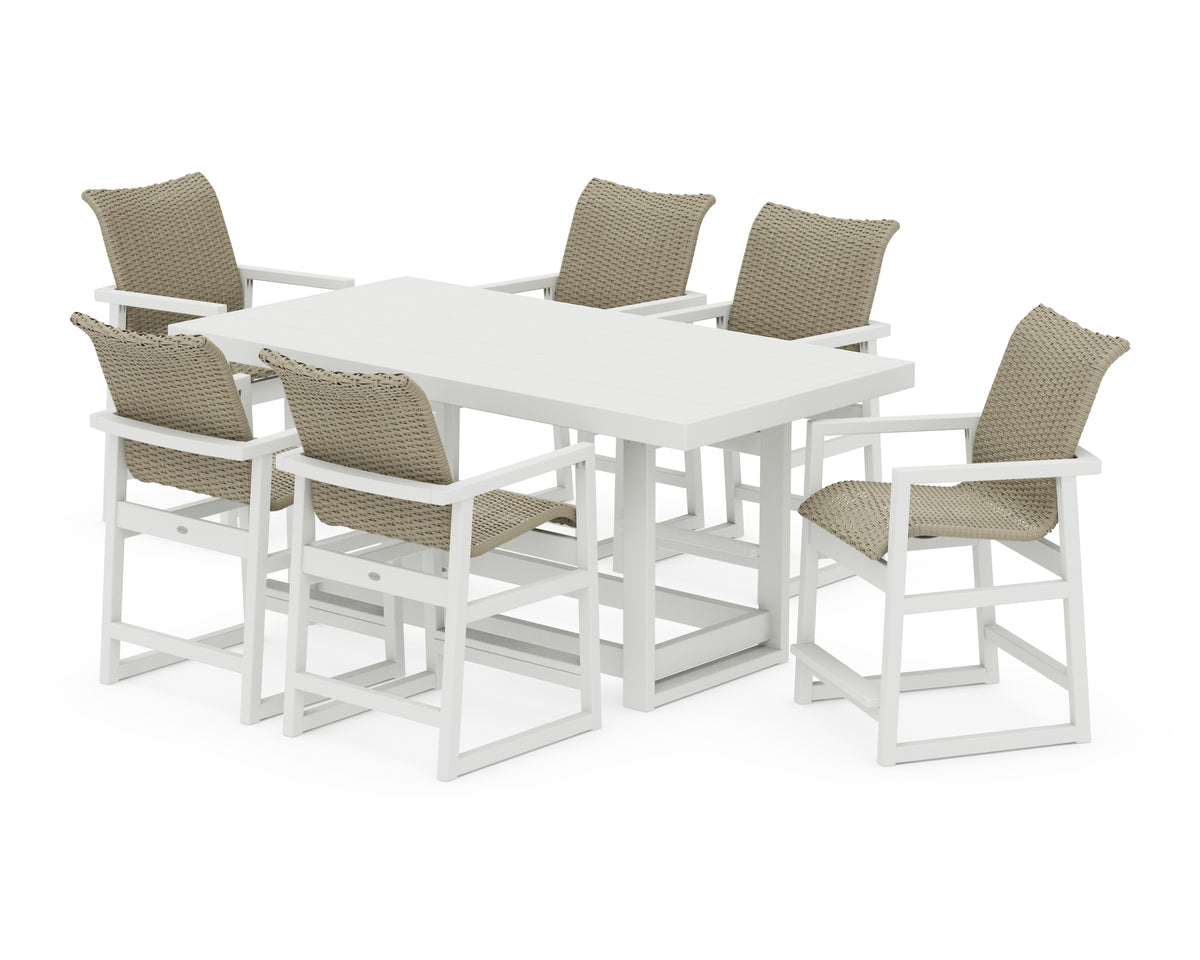 POLYWOOD EDGE Woven Arm Chair 7-Piece Counter Set in Vintage White / Dune Grass