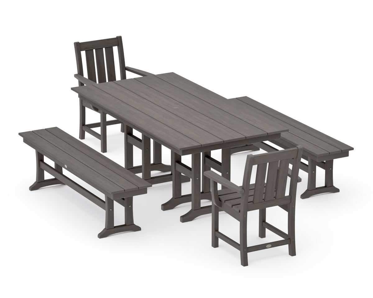 POLYWOOD Oxford 5-Piece Farmhouse Dining Set with Benches in Driftwood