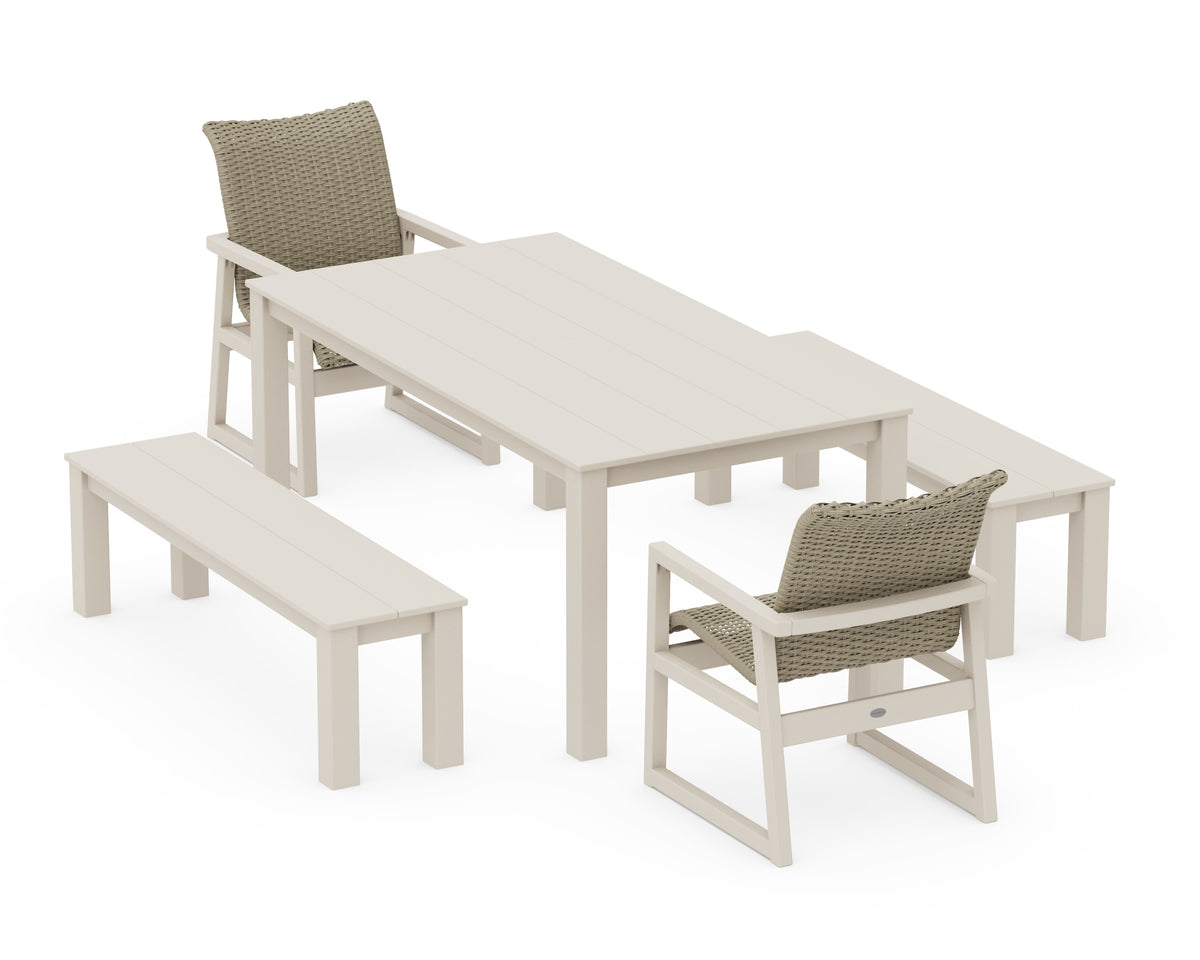 POLYWOOD EDGE Woven 5-Piece Parsons Dining Set with Benches in Sand / Dune Grass