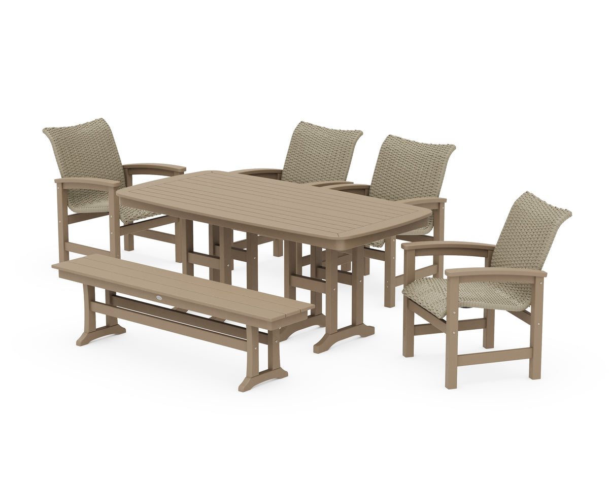 POLYWOOD Coastal Woven 6-Piece Farmhouse Dining Set with Bench with Nautical 37" x 72" Dining Table in Vintage Sahara / Dune Grass