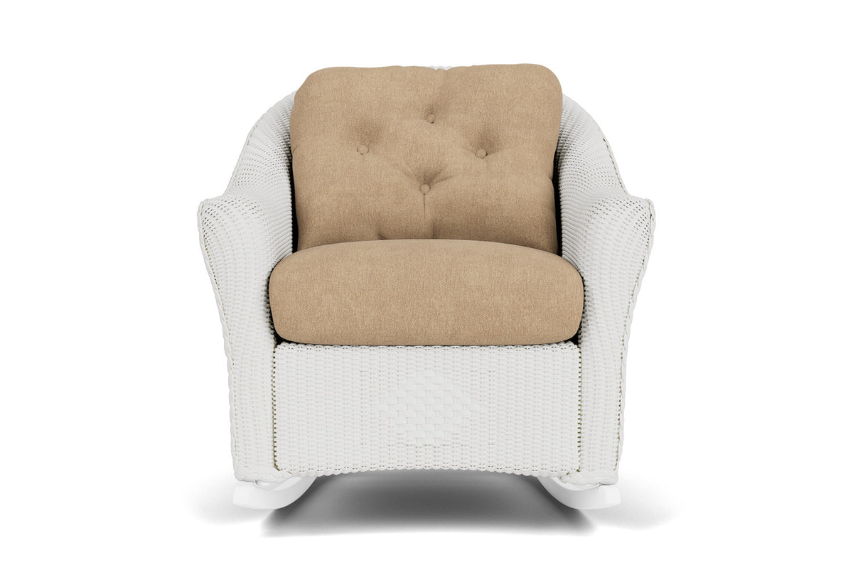 Lloyd Flanders Reflections Lounge Rocker in Matte White with Hayden Sand fabric
