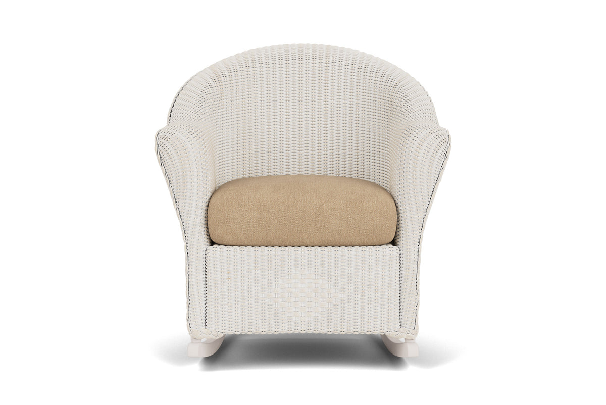 Lloyd Flanders Reflections Porch Rocker in Antique White with Hayden Sand fabric