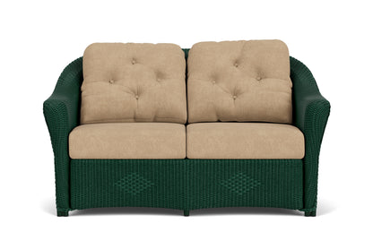 Lloyd Flanders Reflections Conversation Set in Woodland with Hayden Sand fabric