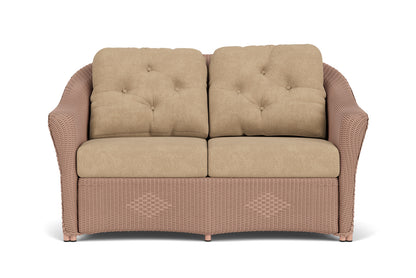 Lloyd Flanders Reflections Conversation Set in Rosewood with Hayden Sand fabric