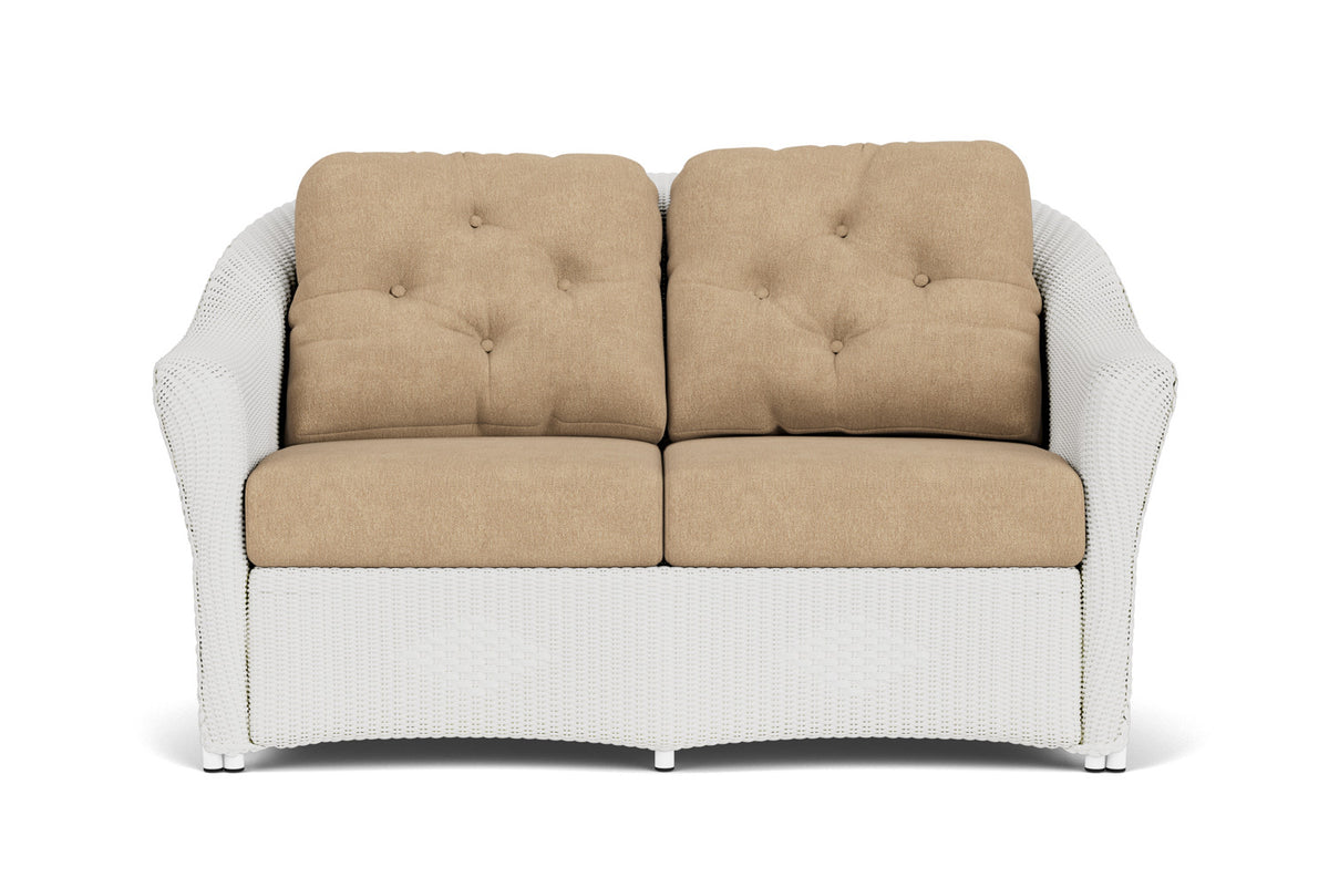 Lloyd Flanders Reflections Loveseat in Matte White with Hayden Sand fabric