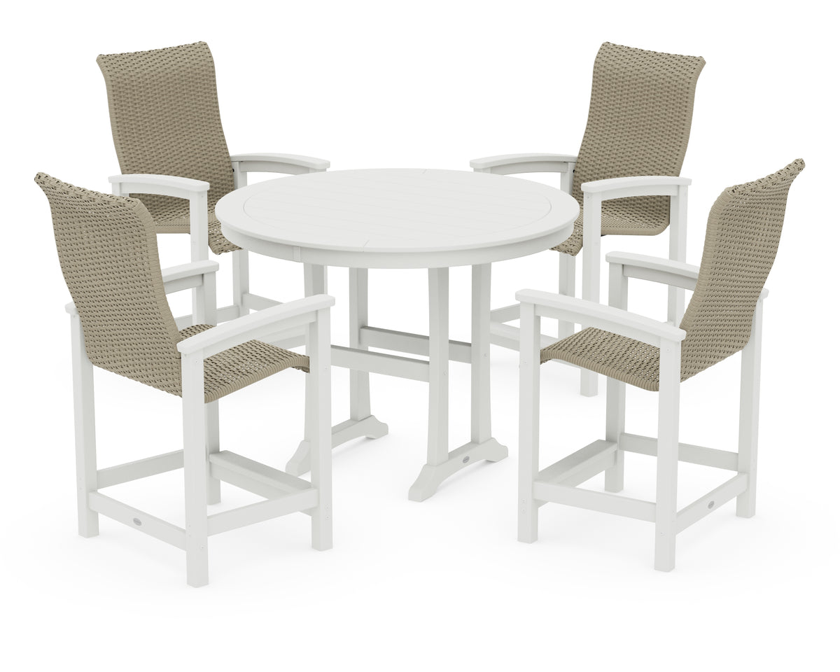 POLYWOOD Coastal Woven High-Back 5-Piece Round Counter Set in Vintage White / Dune Grass