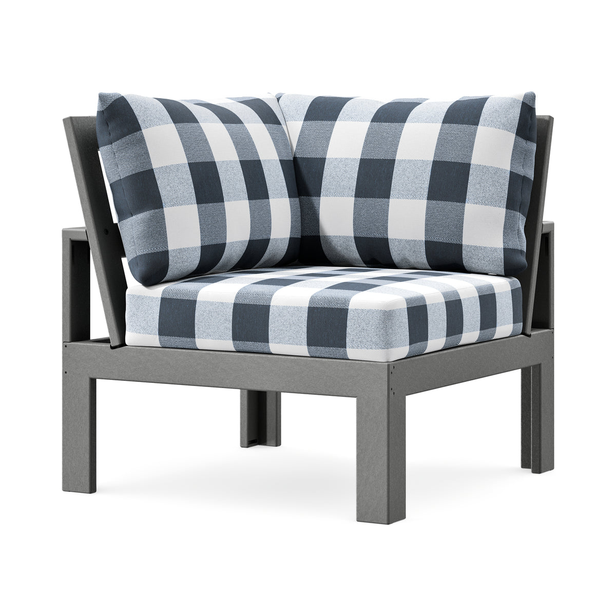 POLYWOOD Modular Corner Chair in Slate Grey / Buffalo Plaid Marine Indigo