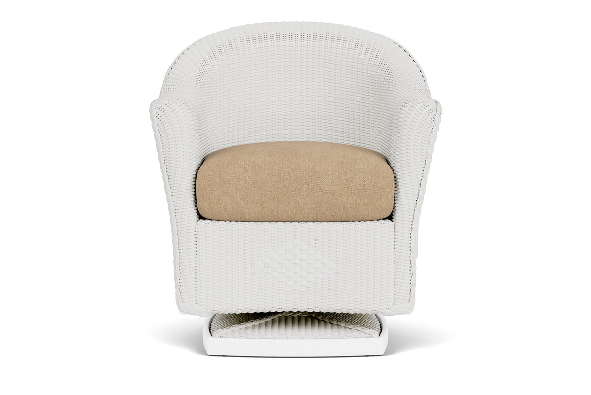 Lloyd Flanders Reflections Swivel Rocker Dining Armchair in Matte White with Hayden Sand fabric