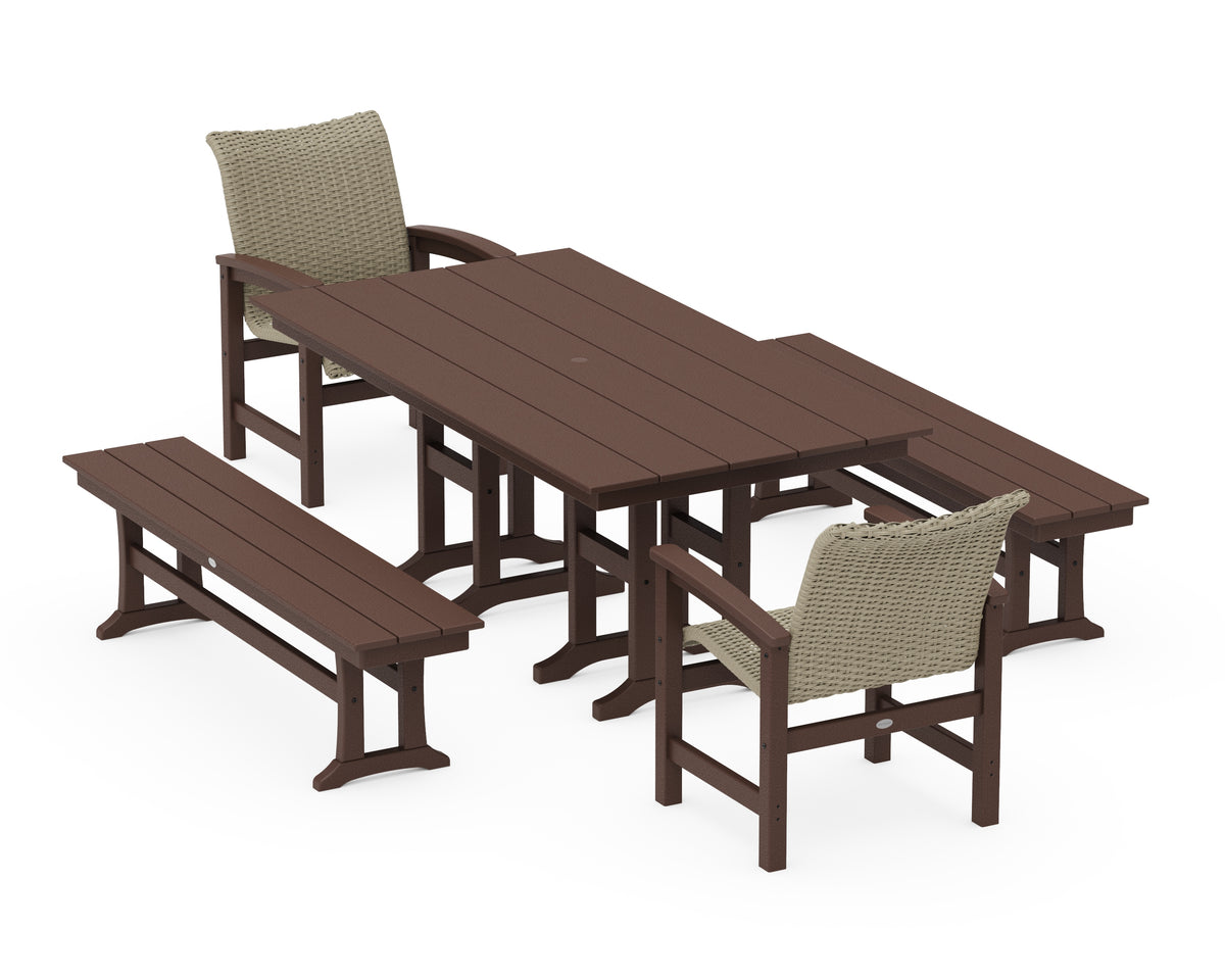 POLYWOOD Coastal Woven 5-Piece Farmhouse Dining Set with Benches in Mahogany / Dune Grass