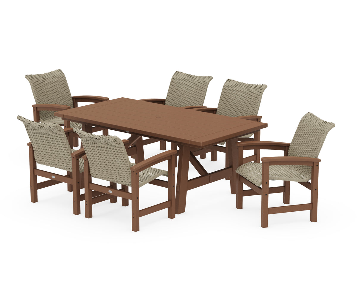 POLYWOOD Coastal Woven Arm Chair 7-Piece Rustic Farmhouse Dining Set in Teak / Dune Grass