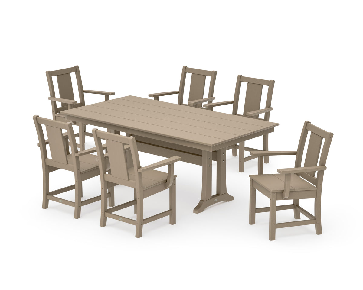 POLYWOOD Prairie Arm Chair 7-Piece Farmhouse Dining Set with Trestle Legs in Vintage Sahara