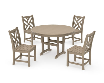 POLYWOOD Chippendale 5-Piece Round Farmhouse Side Chair Dining Set in Vintage Sahara