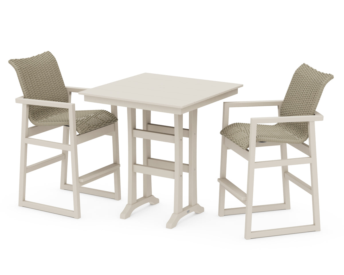 POLYWOOD EDGE Woven 3-Piece Farmhouse Bar Set with Trestle Legs in Sand / Dune Grass