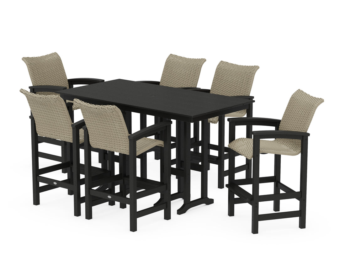 POLYWOOD Coastal Woven Arm Chair 7-Piece Farmhouse Bar Set in Black / Dune Grass